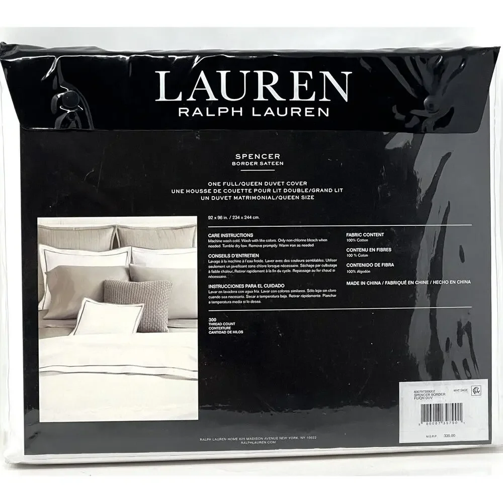 Ralph Lauren Full Queen Duvet Cover White Sage Green Spencer Border Sateen NIP